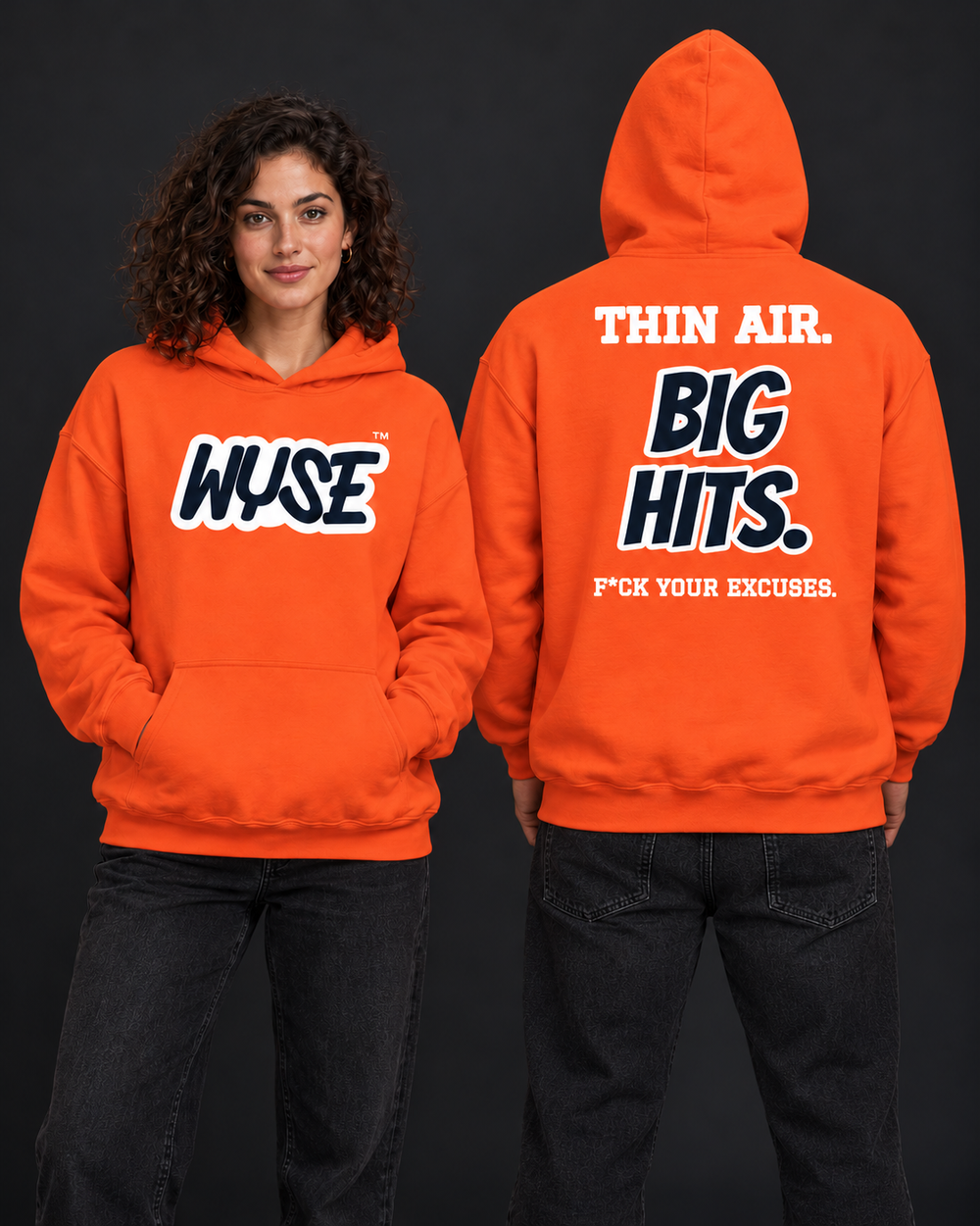 Denver Broncos Fan Hoodie, orange; female front and athletic male fully back, hood up.