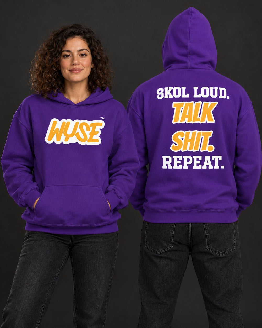 WYSE Minnesota Vikings fan hoodie in purple, woman front and athletic man fully facing away, hood up, compact Skol Loud back print.