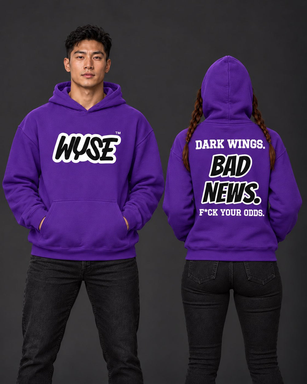Baltimore Ravens Fan Hoodie, athletic male front and female fully back, hood up.