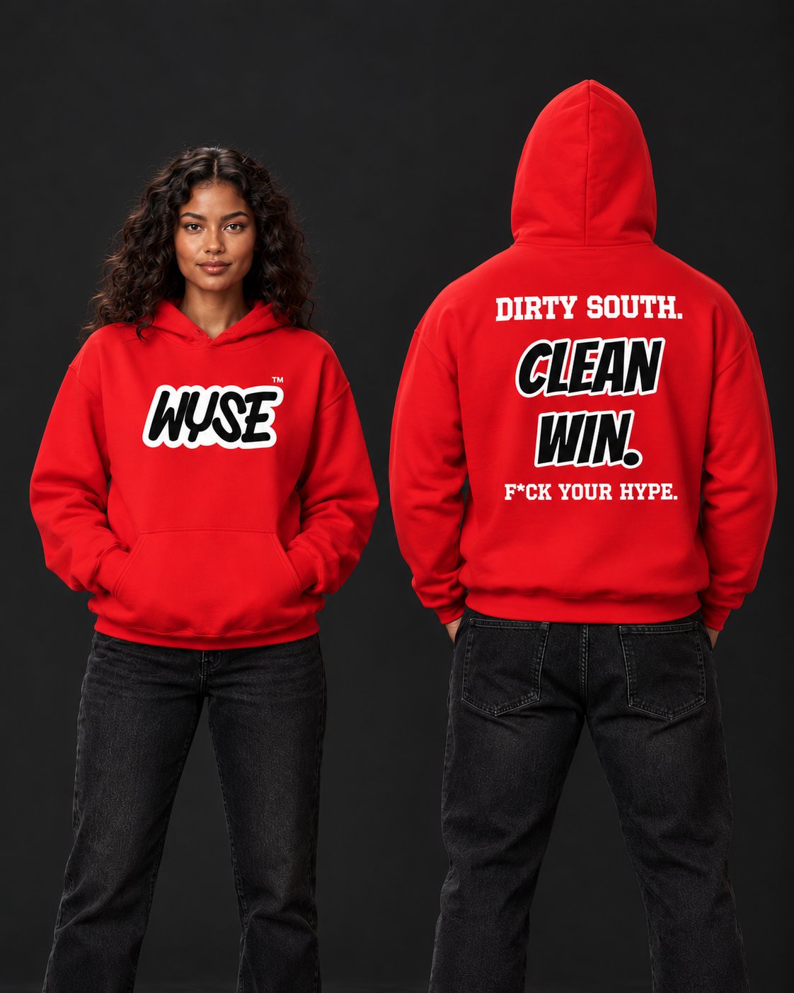 Atlanta Falcons Fan Hoodie, female front and athletic male fully back, hood up.