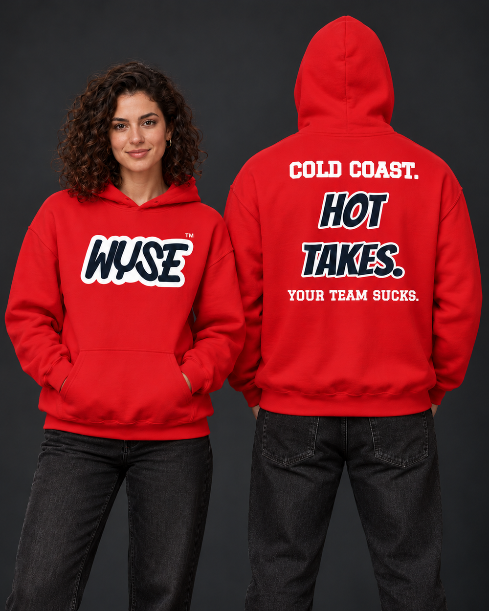 WYSE New England Patriots fan hoodie in red, woman front and athletic man fully facing away with Cold Coast Hot Takes back lettering.
