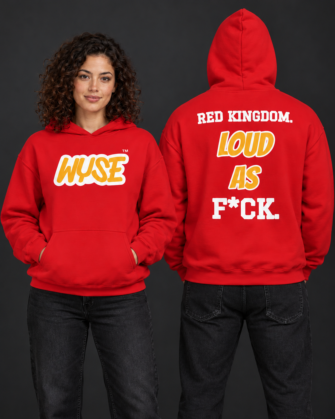 WYSE Kansas City Chiefs fan hoodie in red, woman showing gold WYSE front logo and athletic man fully facing away with Red Kingdom back print.