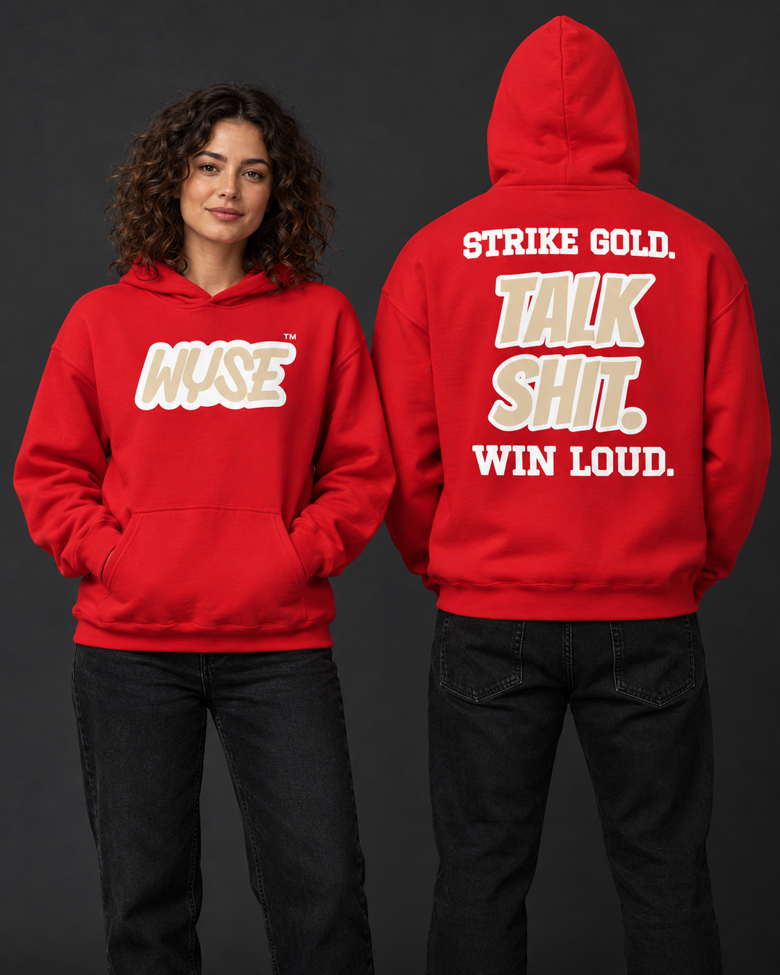 San Francisco 49ers fan hoodie in red, shown from the front and back with sand WYSE chest artwork.