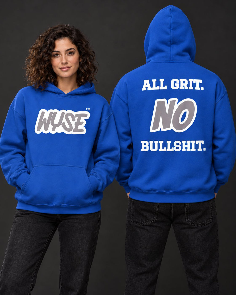 Detroit Lions Fan Hoodie, royal; female front and athletic male fully back, hood up.