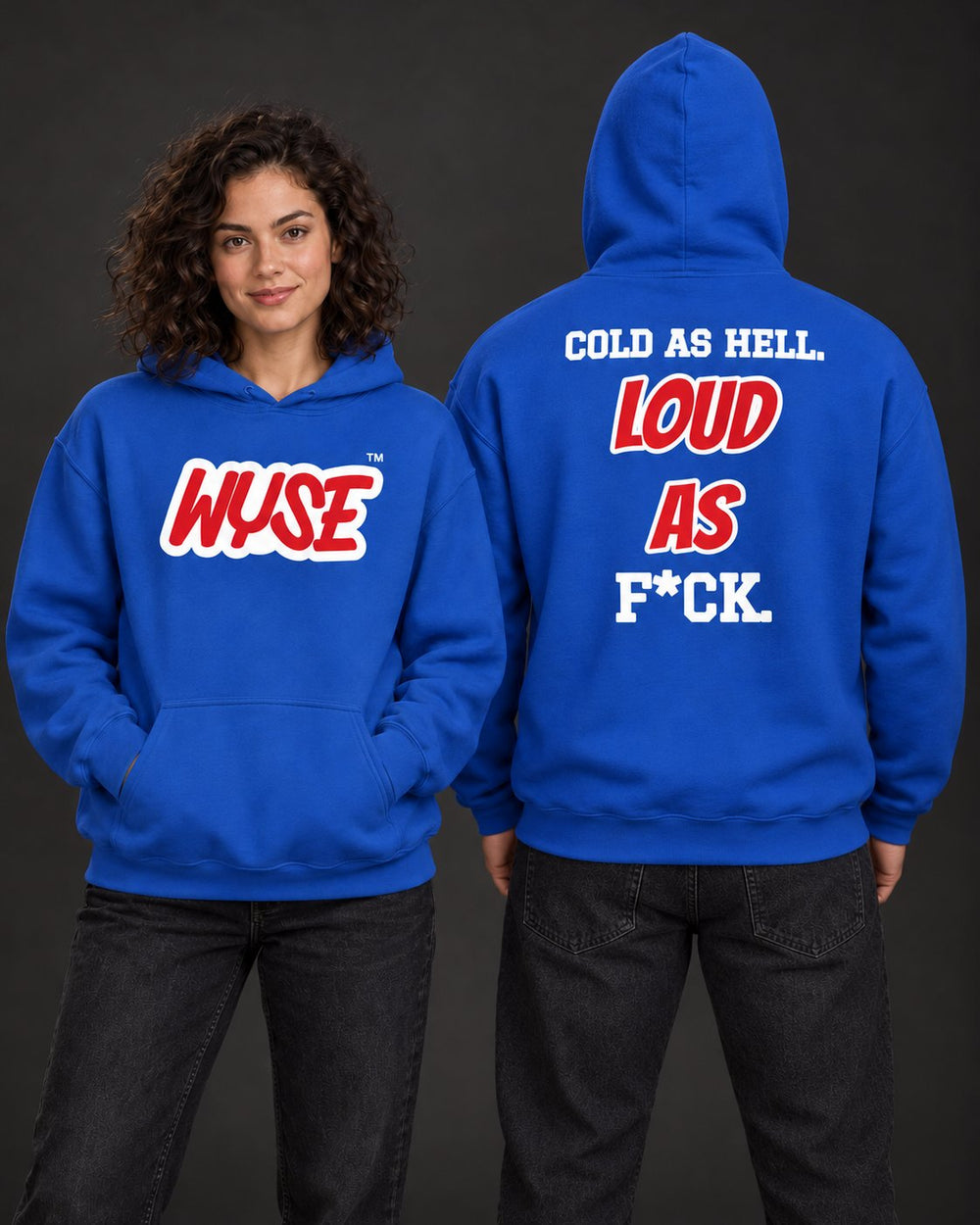 Buffalo Bills Fan Hoodie, female front and athletic male fully back, hood up.