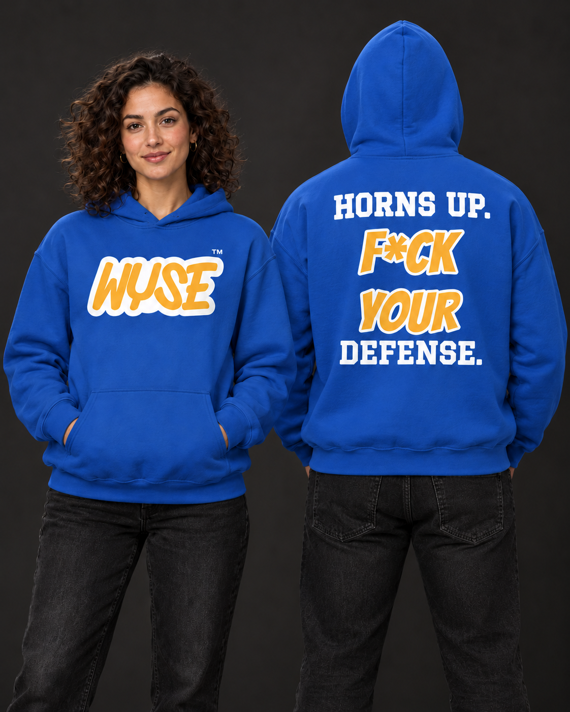 WYSE Los Angeles Rams fan hoodie in royal, woman showing gold WYSE front logo and athletic man facing fully away showing Horns Up back print.