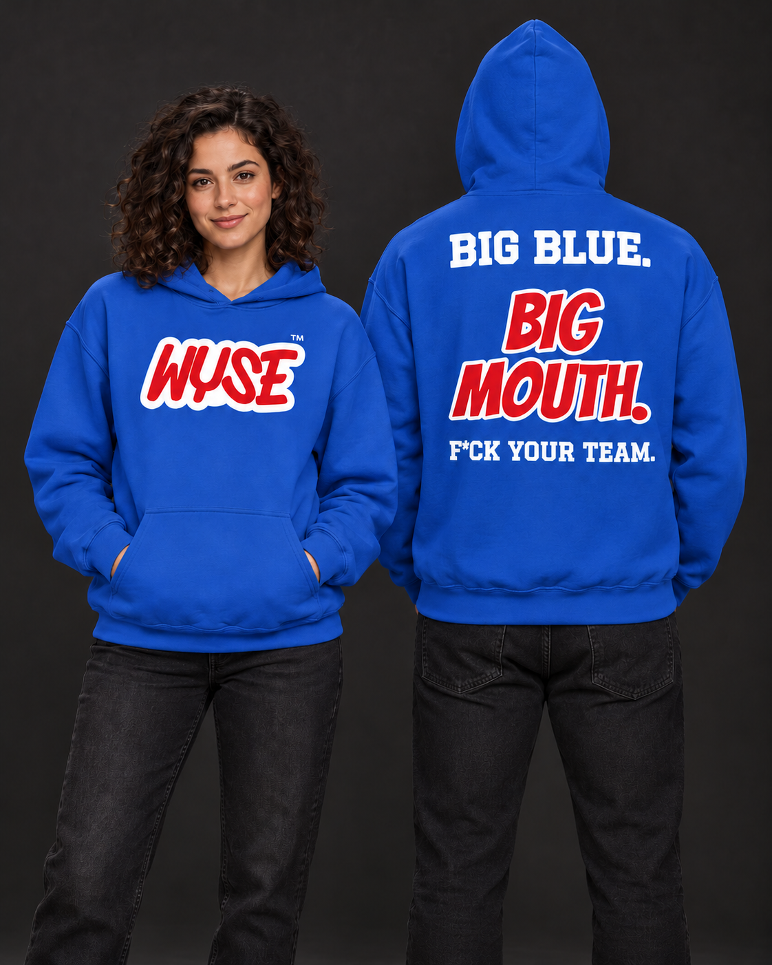 WYSE New York Giants fan hoodie in royal, woman showing red chest logo and athletic man facing fully away showing the compact Big Blue Big Mouth back print.