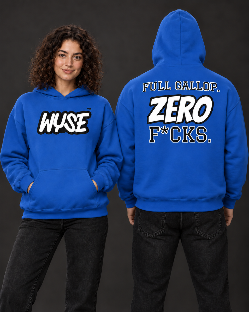Indianapolis Colts royal fan hoodie, woman front and athletic man fully back, with compact back lettering and hood up.