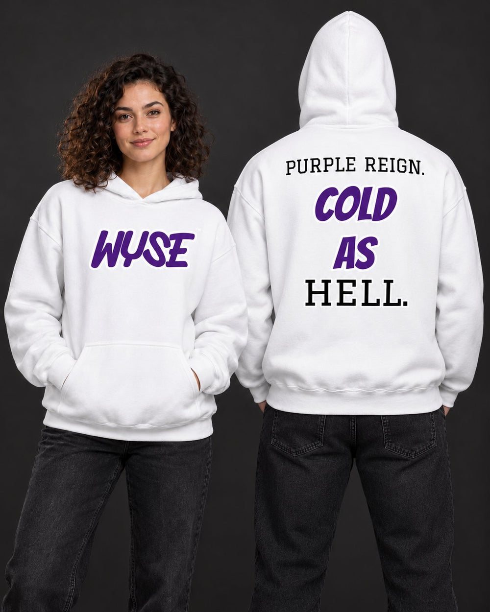 WYSE Minnesota Vikings fan hoodie in white, woman front and athletic man fully facing away, hood up, compact Purple Reign back print.