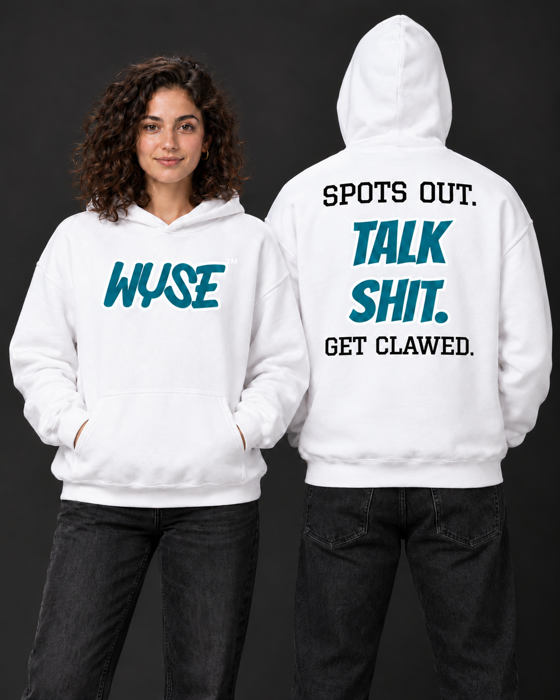 WYSE Jacksonville Jaguars fan hoodie in white, woman front and athletic man fully facing away with compact Spots Out Talk Shit Get Clawed back lettering.