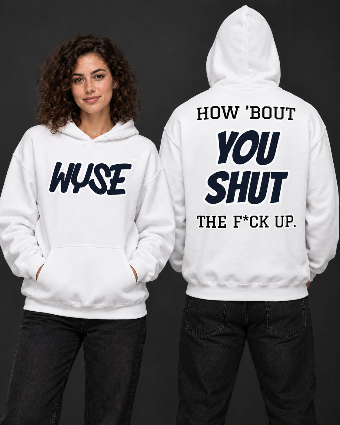 Dallas Cowboys Fan Hoodie, white; female front and athletic male fully back, hood up.