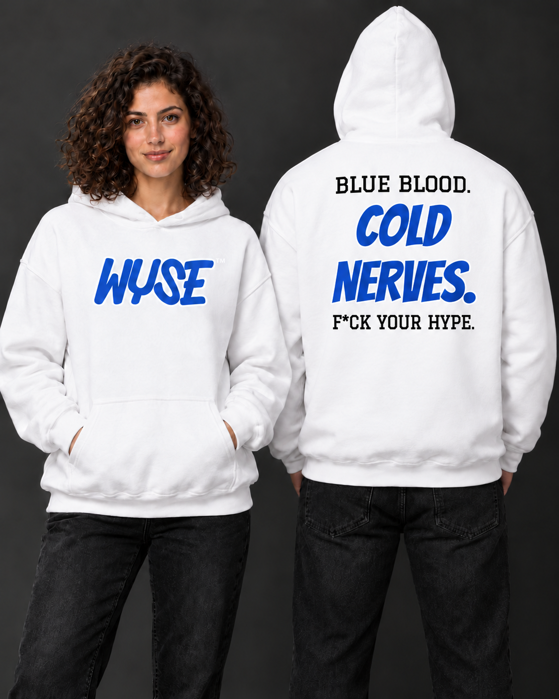 WYSE Indianapolis Colts fan hoodie in white, woman showing royal WYSE front logo and athletic man facing fully away with compact Blue Blood Cold Nerves back lettering.