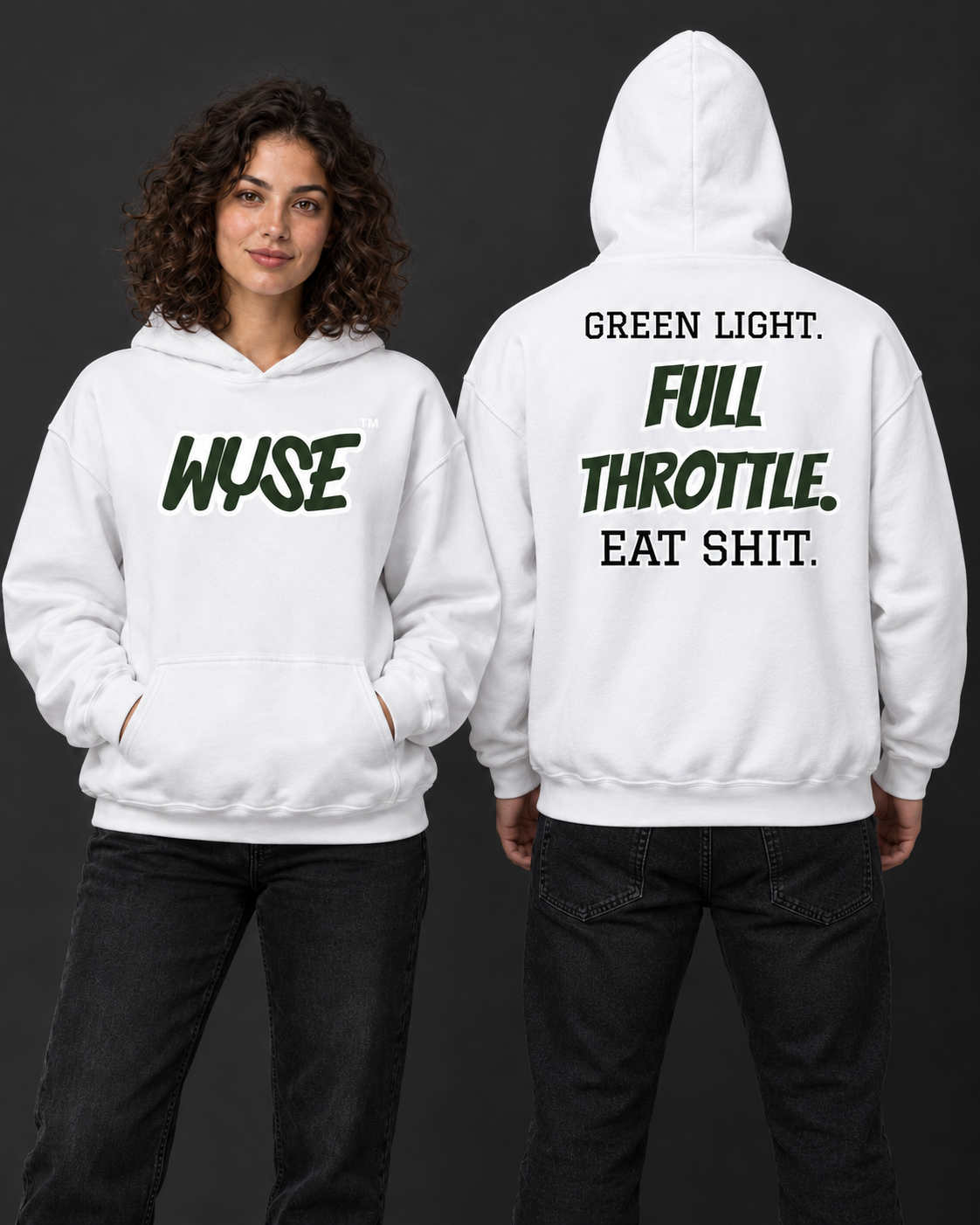 WYSE New York Jets fan hoodie in white, woman showing forest green chest logo and athletic man facing fully away with compact Green Light Full Throttle back print.