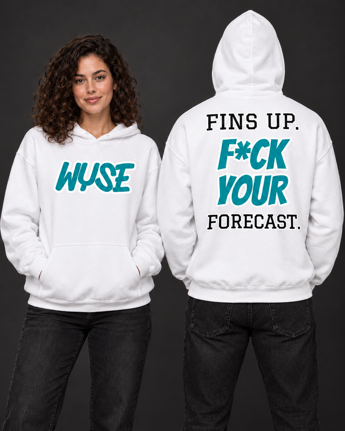 WYSE Miami Dolphins fan hoodie in white, woman showing aqua WYSE front logo and athletic man facing fully away showing Fins Up back print.