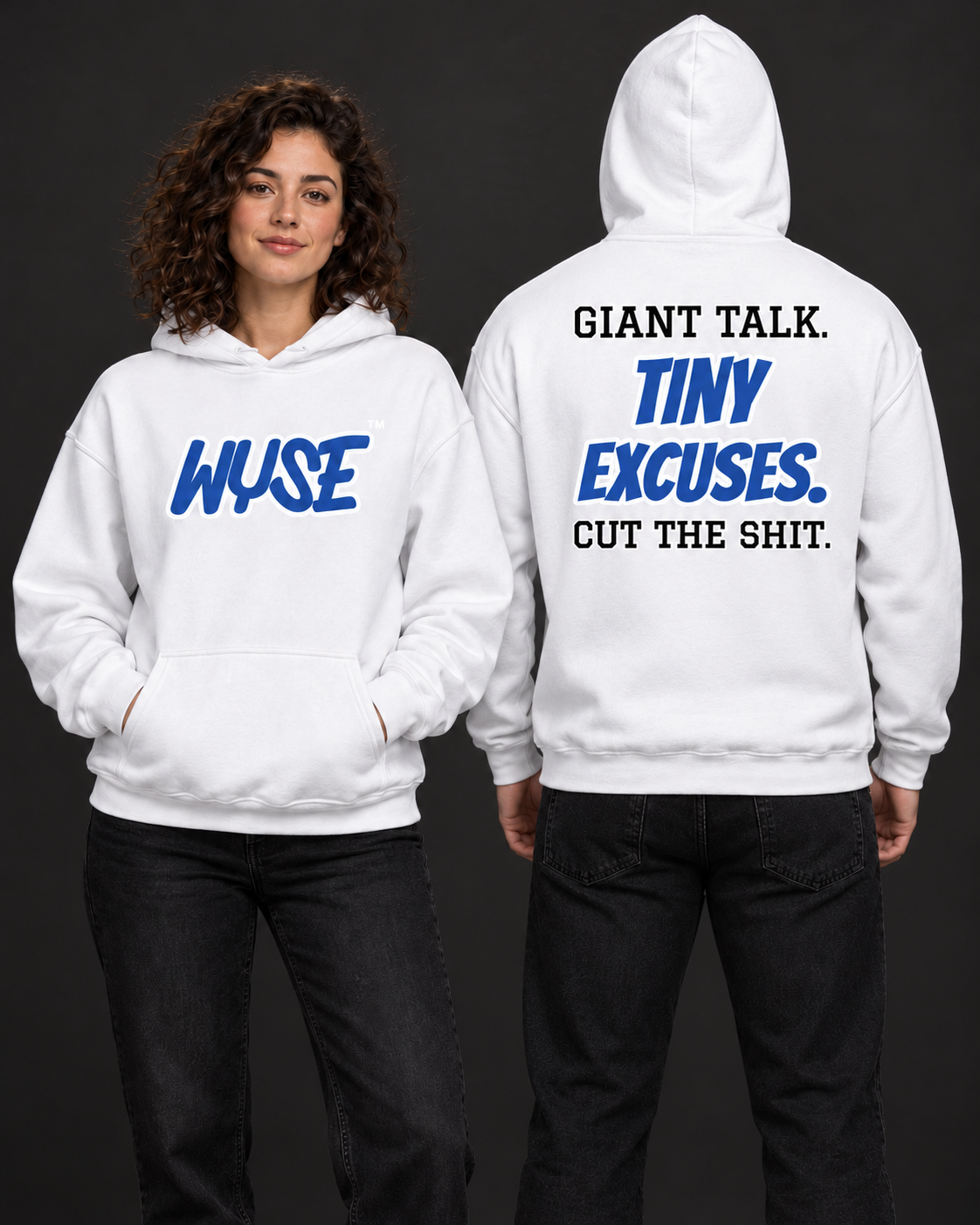 WYSE New York Giants fan hoodie in white, woman showing front royal WYSE logo and athletic man facing fully away showing compact Giant Talk Tiny Excuses back print.