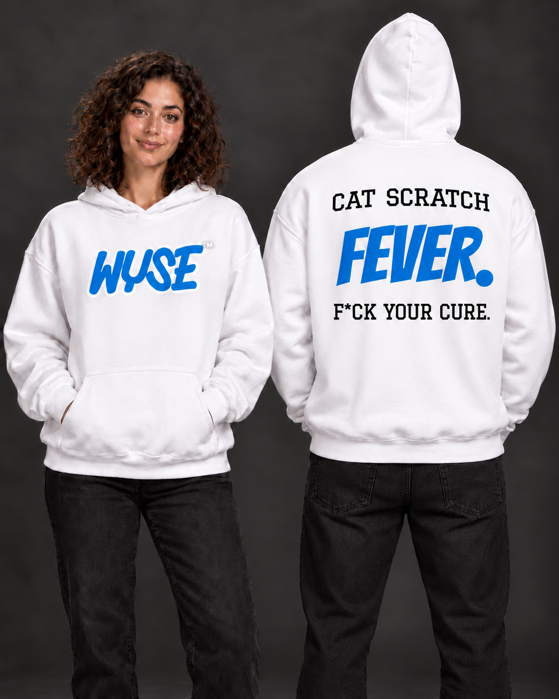 Carolina Panthers Fan Hoodie, white; female front and athletic male fully back, hood up.