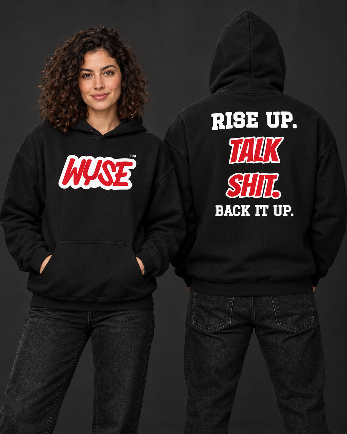 Atlanta Falcons fan hoodie in black, shown from the front and back with red WYSE chest artwork.