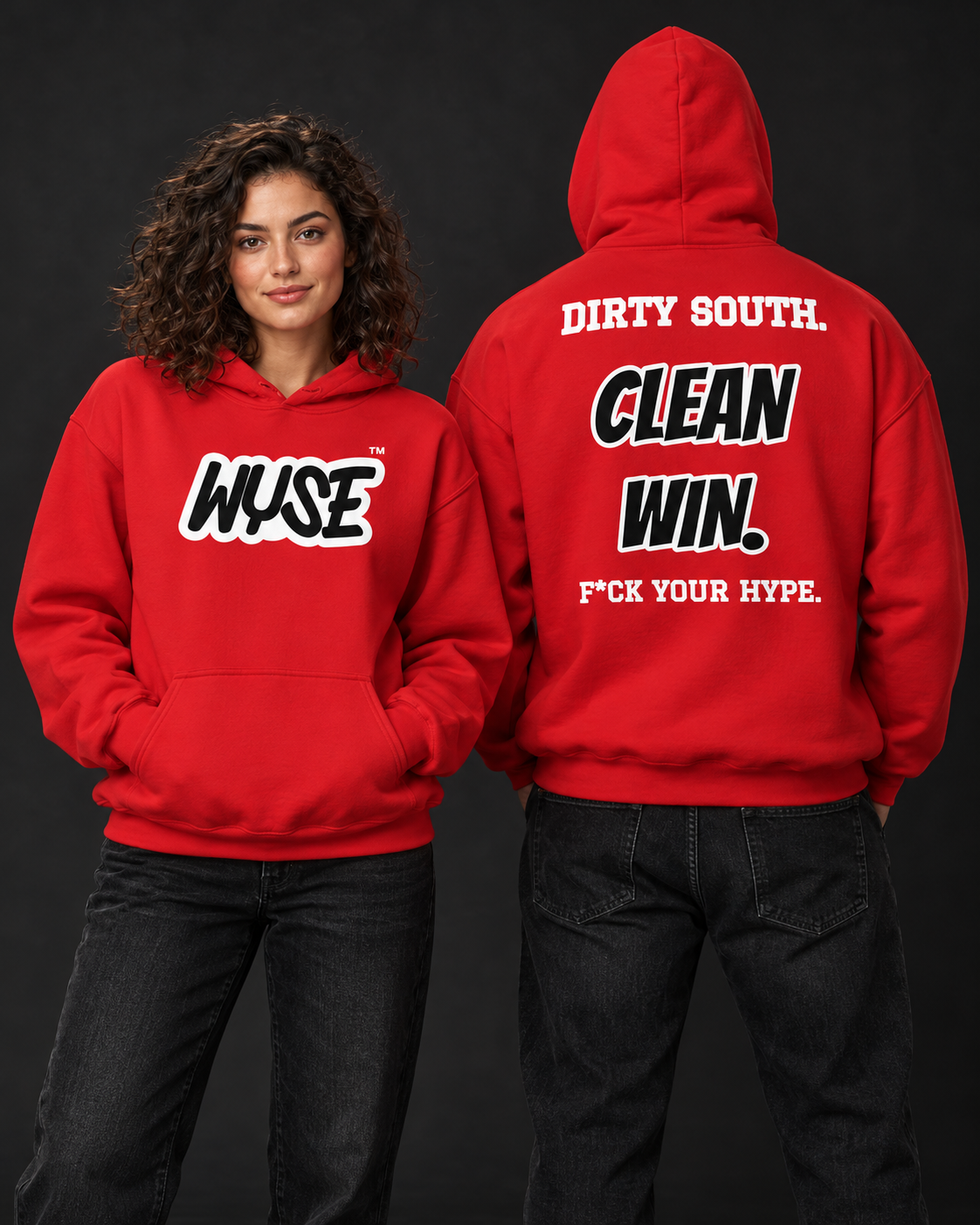 Atlanta Falcons fan hoodie in red, shown from the front and back with black WYSE chest artwork.