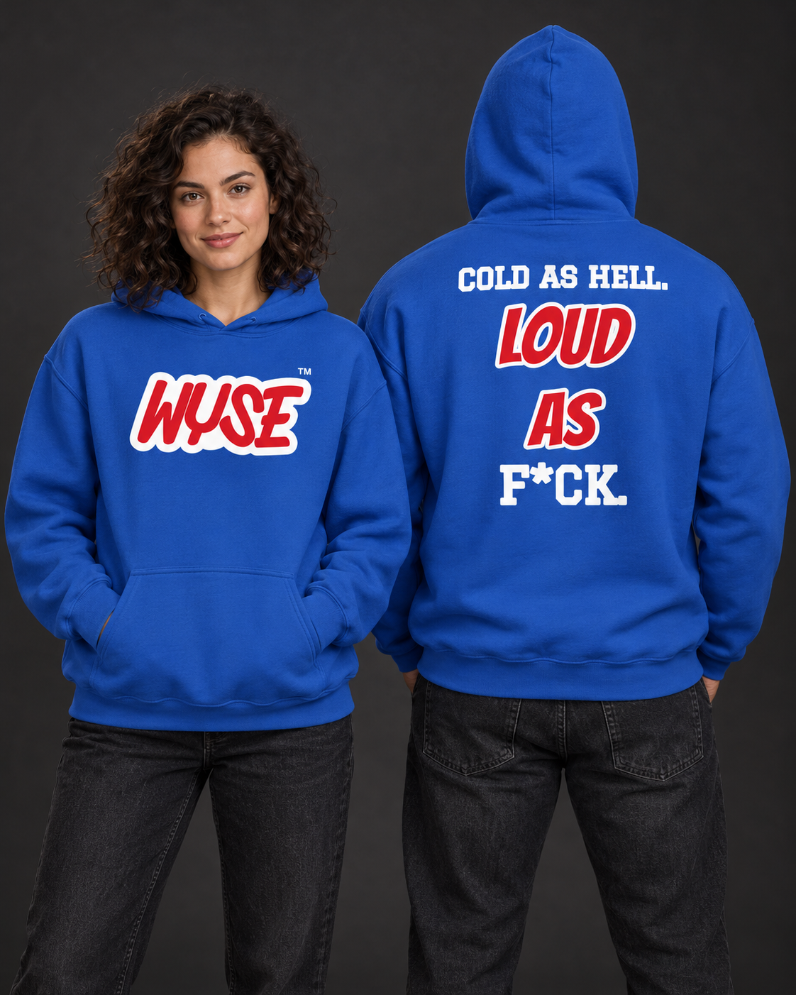 Buffalo Bills fan hoodie in royal, shown from the front and back with red WYSE chest artwork.