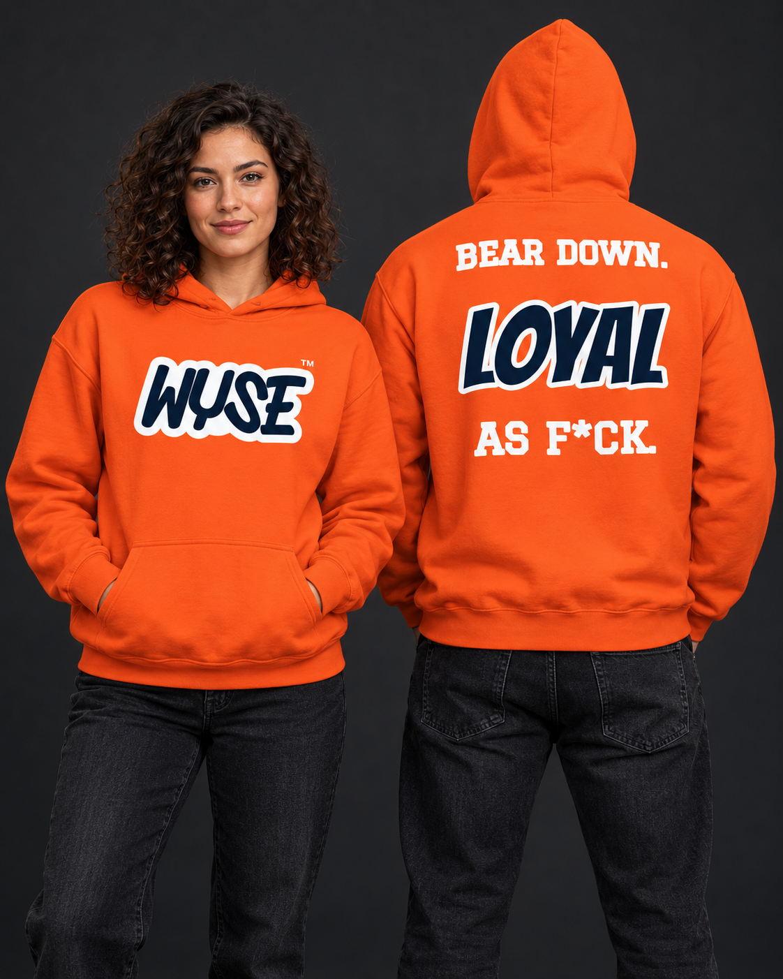 Chicago Bears fan hoodie in orange, shown from the front and back with navy WYSE chest artwork.
