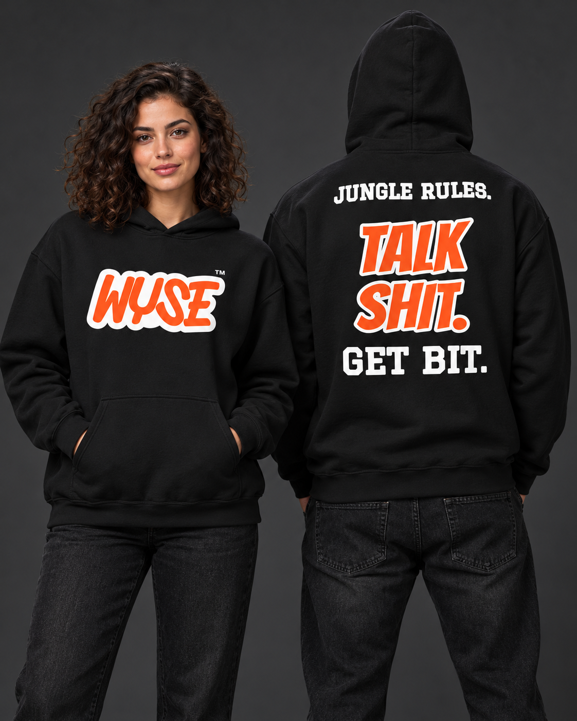 Cincinnati Bengals fan hoodie in black, shown from the front and back with orange WYSE chest artwork.