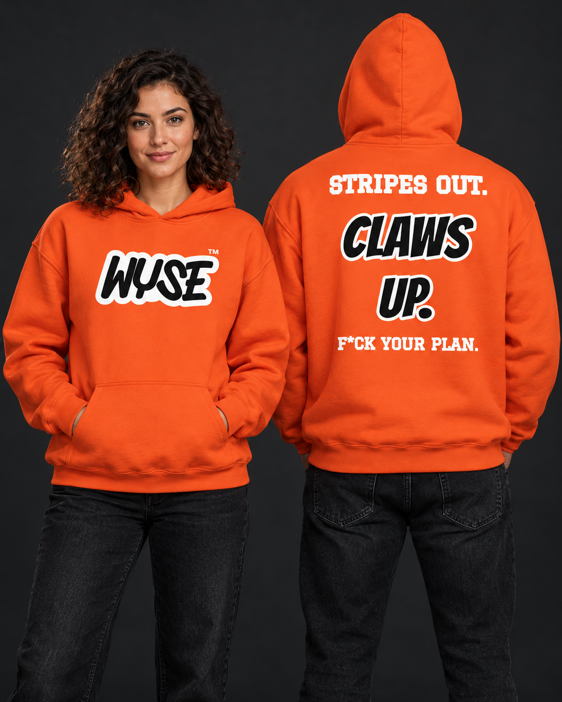 Cincinnati Bengals fan hoodie in orange, shown from the front and back with black WYSE chest artwork.