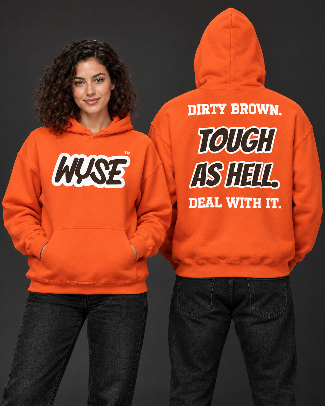 Cleveland Browns fan hoodie in orange, shown from the front and back with dark chocolate WYSE chest artwork.