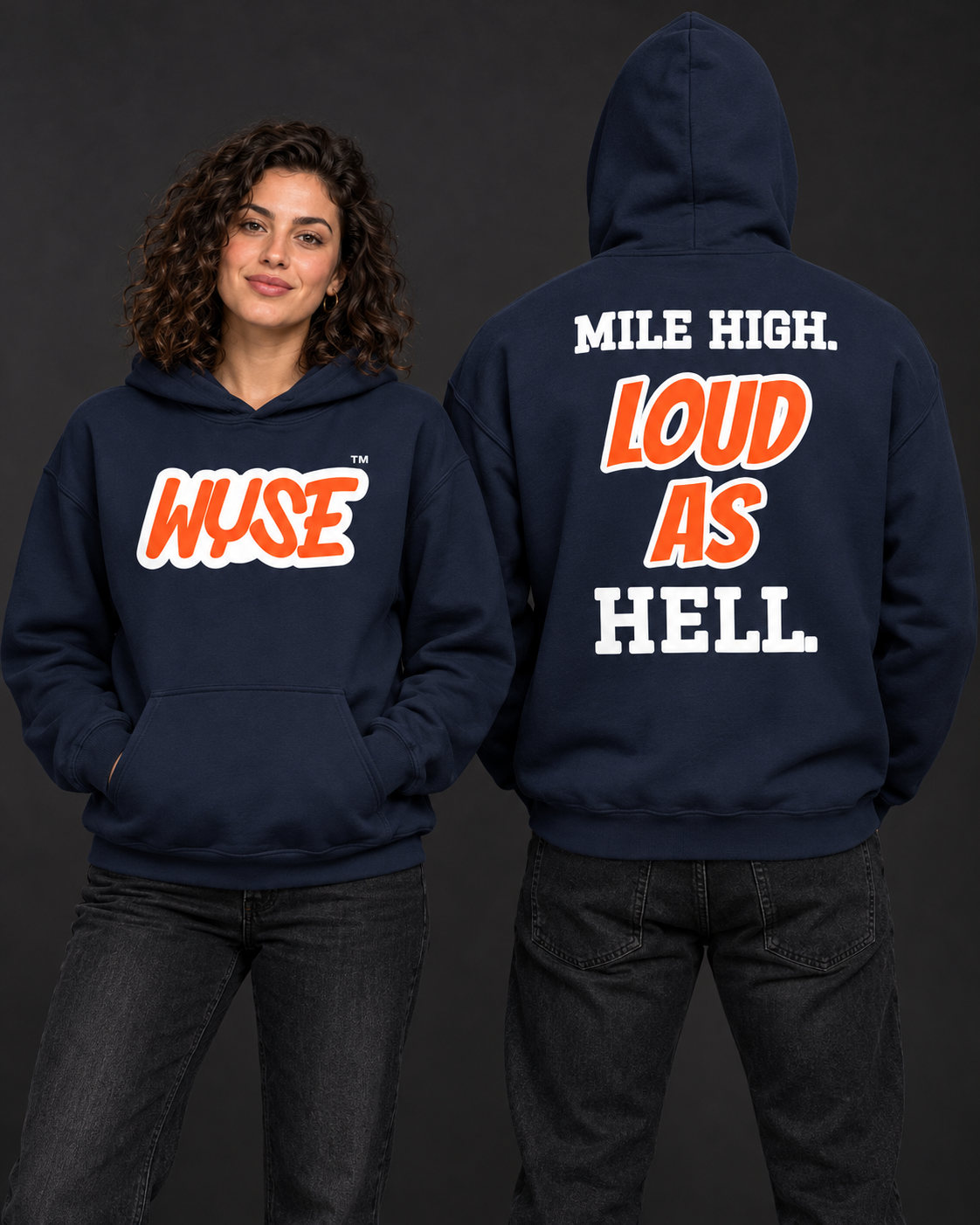 Denver Broncos fan hoodie in navy, shown from the front and back with orange WYSE chest artwork.