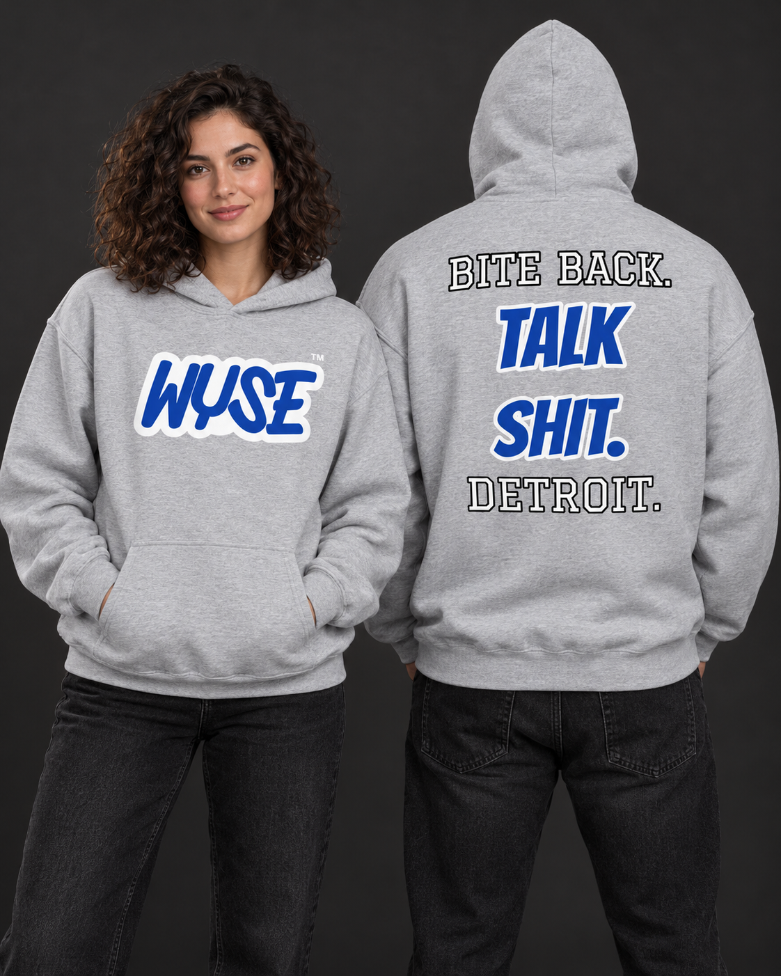 Detroit Lions fan hoodie in sport grey, shown from the front and back with royal WYSE chest artwork.