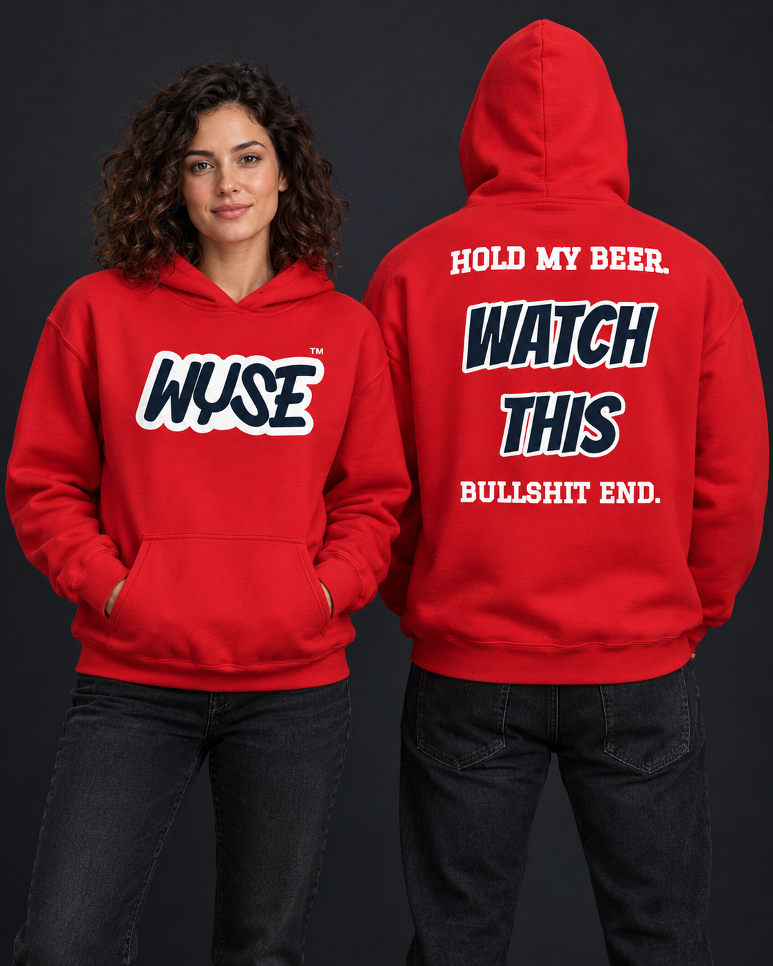 Houston Texans fan hoodie in red, shown from the front and back with navy WYSE chest artwork.