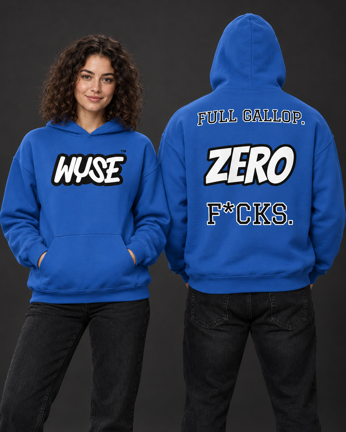 Indianapolis Colts fan hoodie in royal, shown from the front and back with white WYSE chest artwork.
