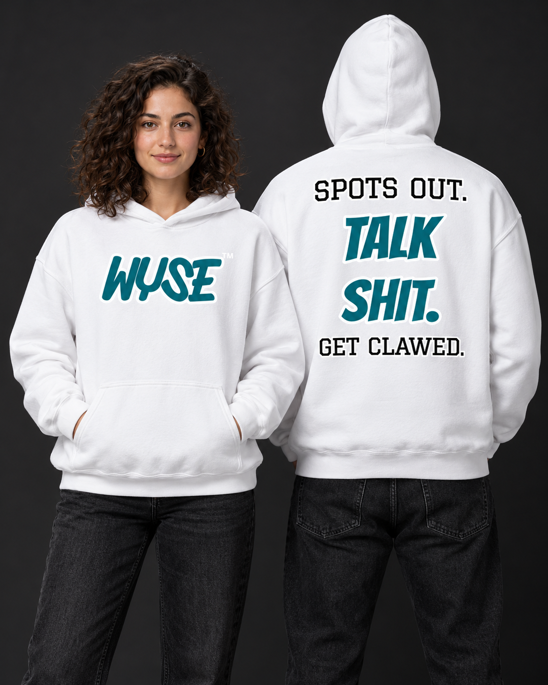 Jacksonville Jaguars fan hoodie in white, shown from the front and back with teal WYSE chest artwork.