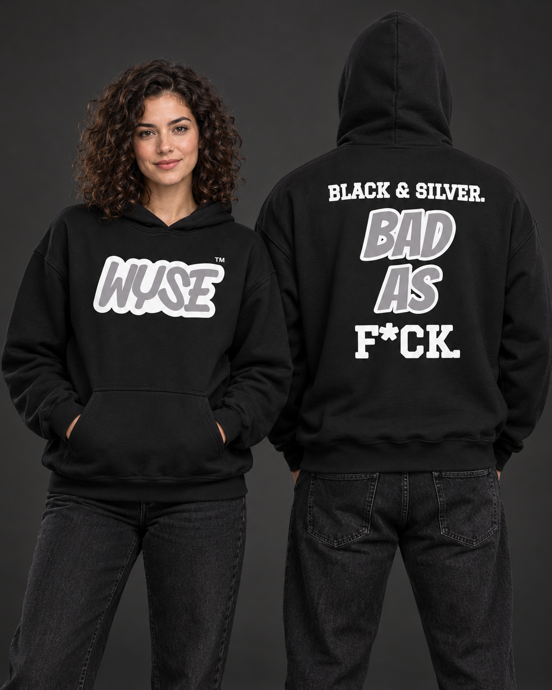 Las Vegas Raiders fan hoodie in black, shown from the front and back with sport grey WYSE chest artwork.