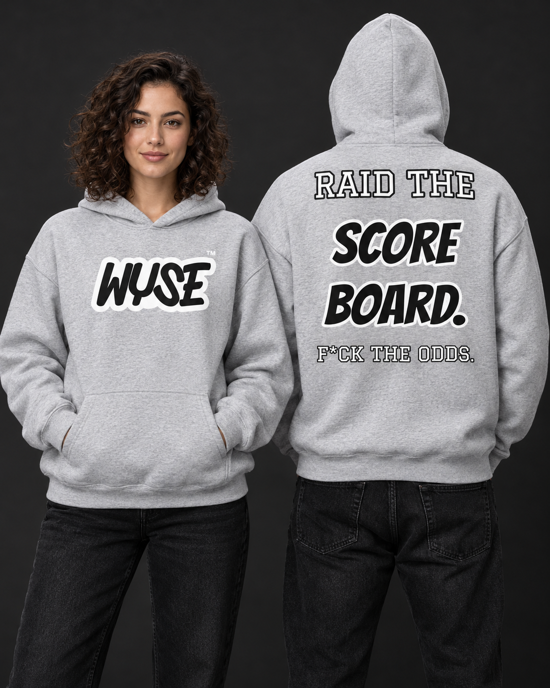 Las Vegas Raiders fan hoodie in sport grey, shown from the front and back with black WYSE chest artwork.