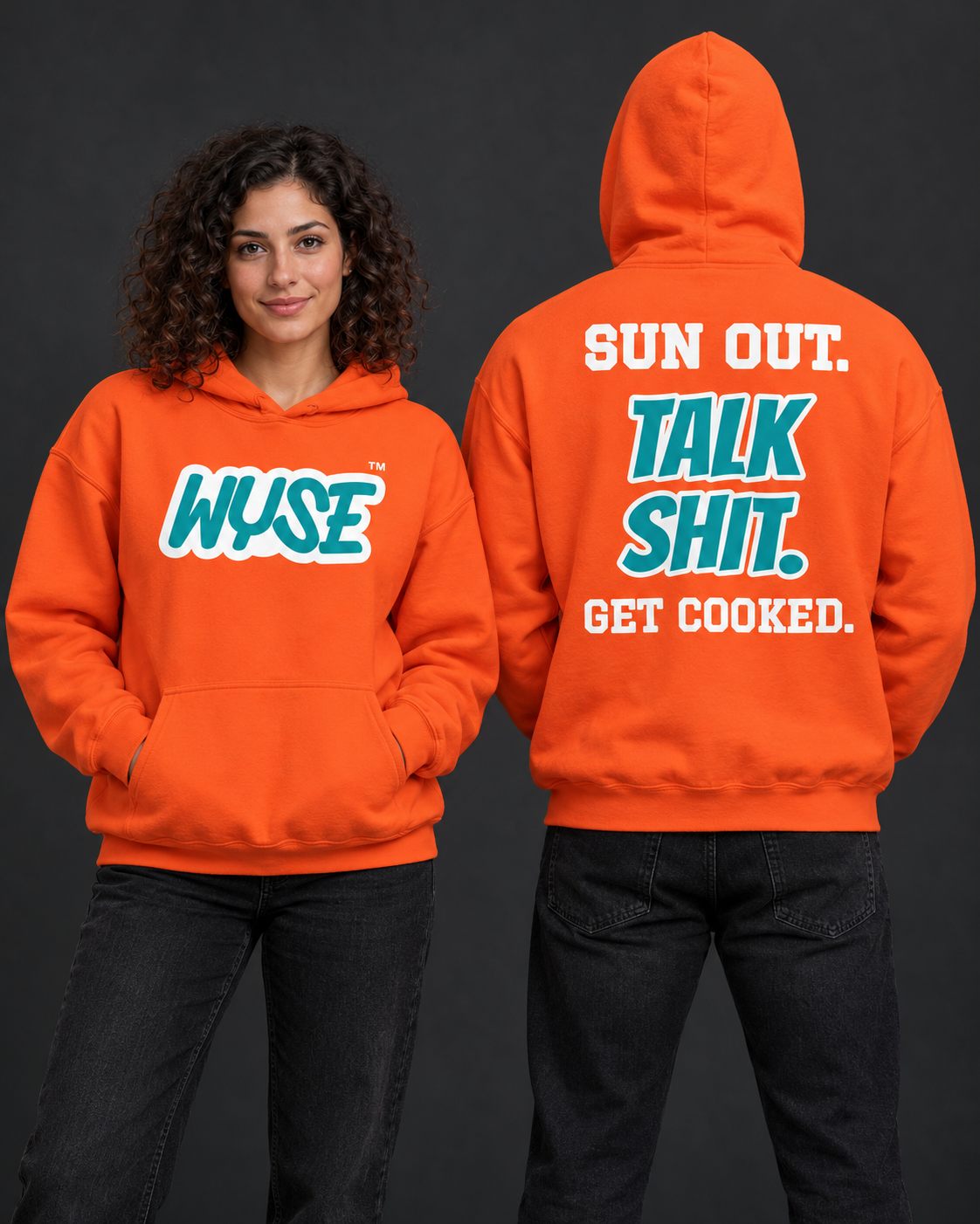 Miami Dolphins fan hoodie in orange, shown from the front and back with aqua WYSE chest artwork.