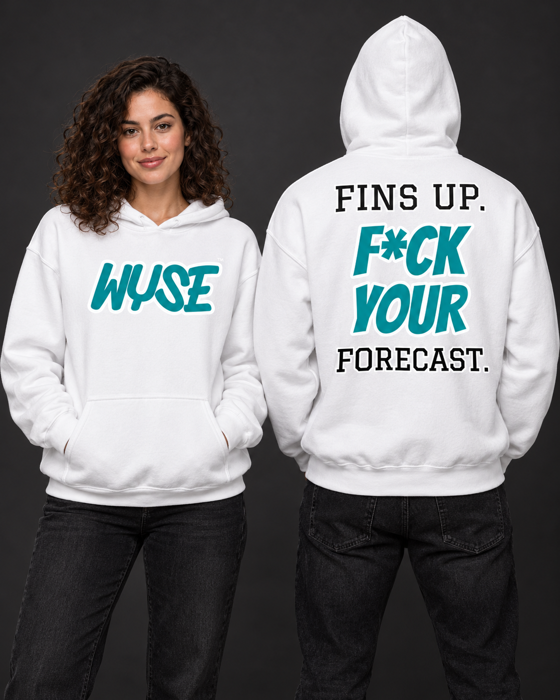 Miami Dolphins fan hoodie in white, shown from the front and back with aqua WYSE chest artwork.