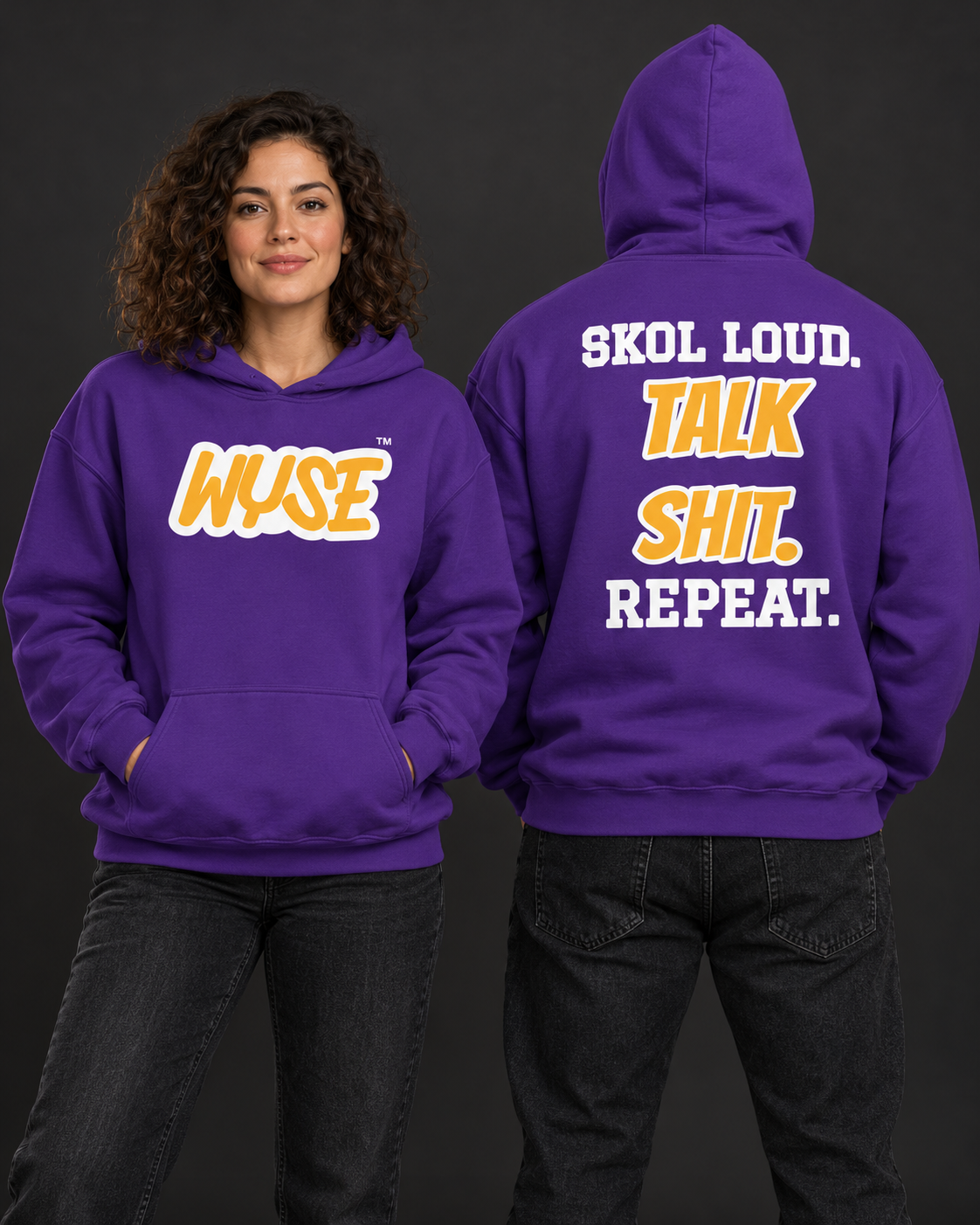 Minnesota Vikings fan hoodie in purple, shown from the front and back with gold WYSE chest artwork.