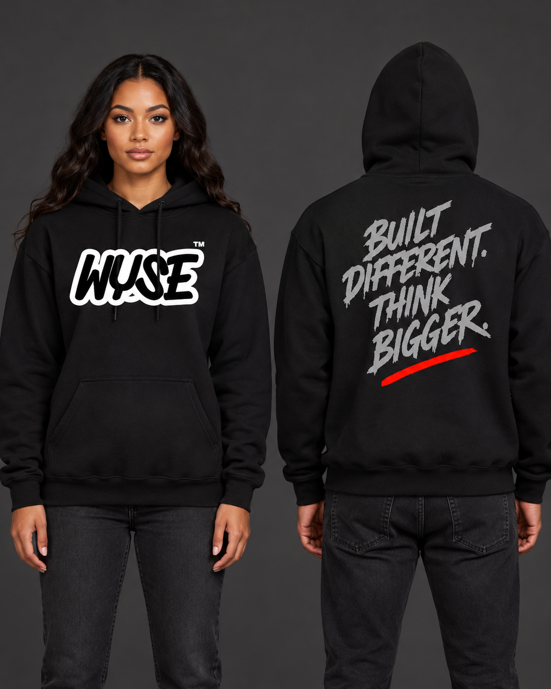 WYSE Built Different Monochrome Hoodie in Black — front and back shown on female and male models in a neutral studio