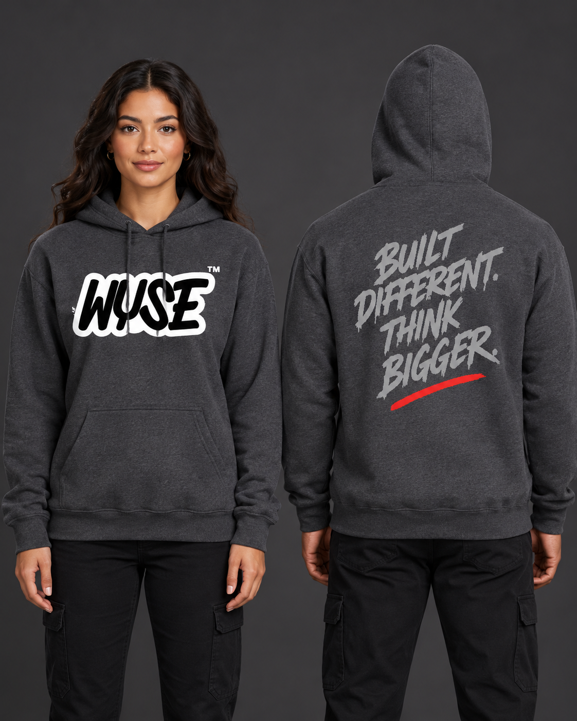 WYSE Built Different Monochrome Hoodie in Dark Heather — front and back shown on female and male models in a neutral studio
