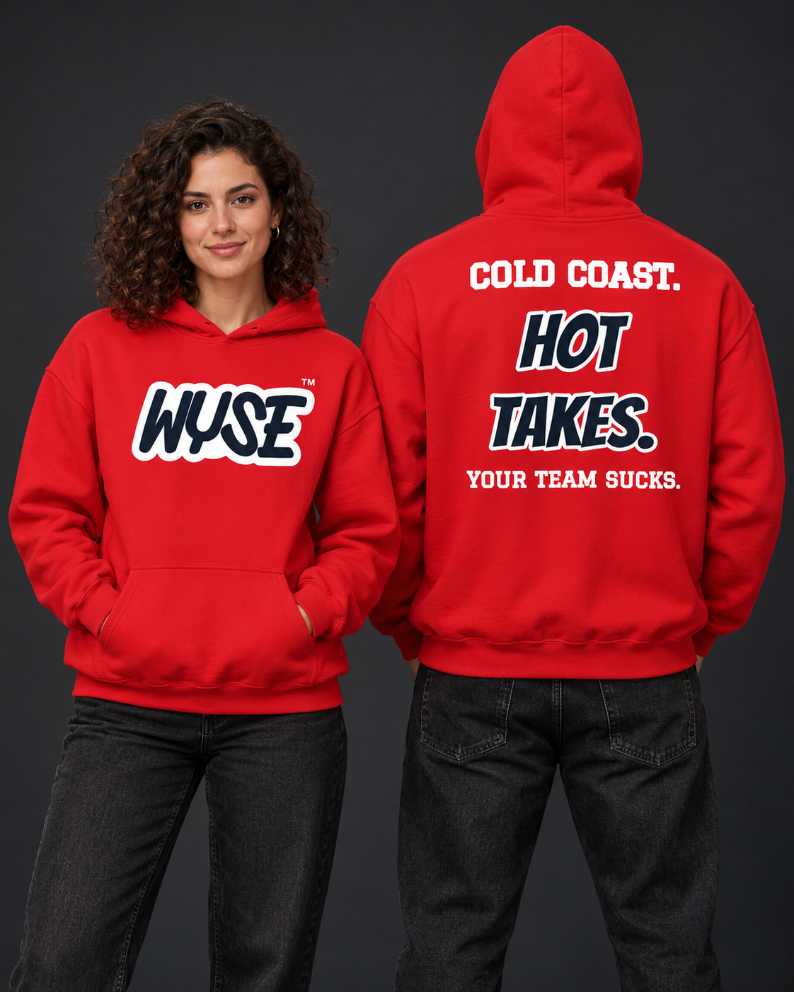 New England Patriots fan hoodie in red, shown from the front and back with navy WYSE chest artwork.