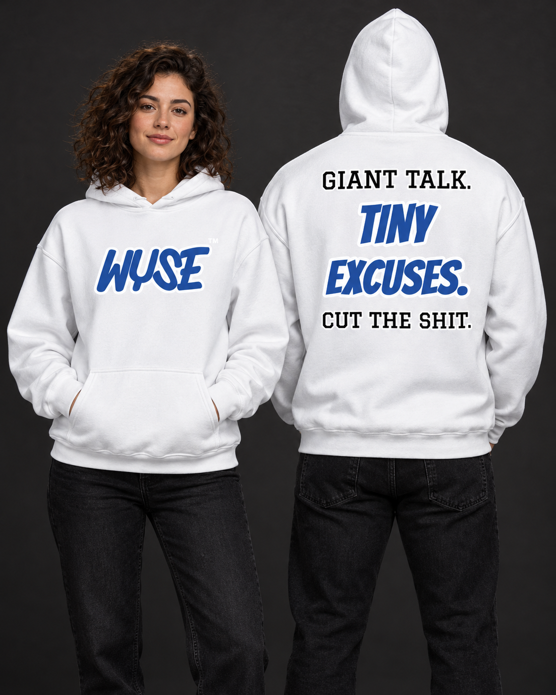 New York Giants fan hoodie in white, shown from the front and back with royal WYSE chest artwork.