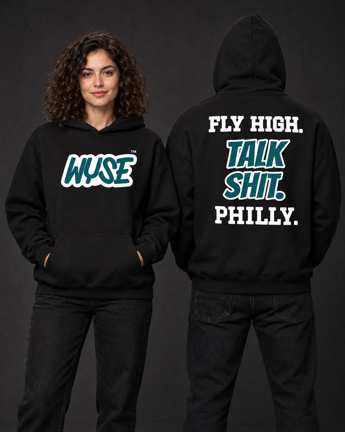 Philadelphia Eagles fan hoodie in black, shown from the front and back with midnight green WYSE chest artwork.