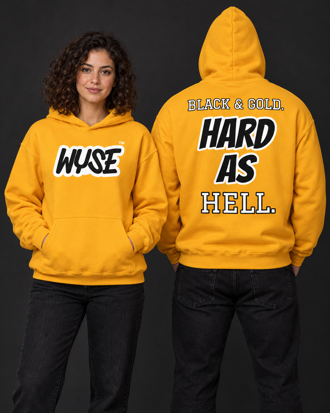 Pittsburgh Steelers fan hoodie in gold, shown from the front and back with black WYSE chest artwork.