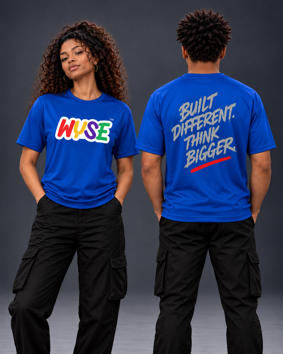 Built Different Performance Tee in Royal, front and back shown on female and male models in a charcoal studio