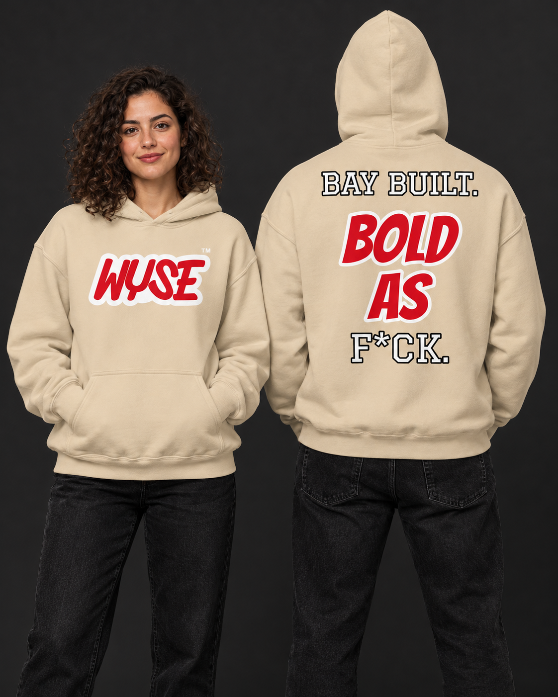 San Francisco 49ers fan hoodie in sand, shown from the front and back with red WYSE chest artwork.