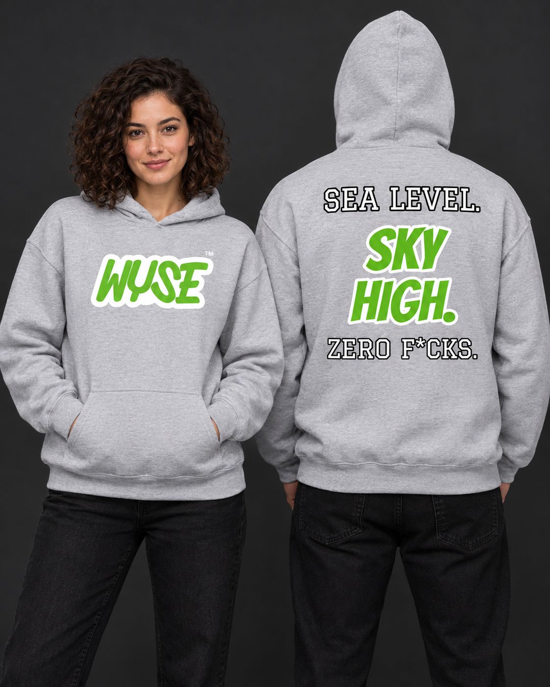 Seattle Seahawks fan hoodie in sport grey, shown from the front and back with action green WYSE chest artwork.