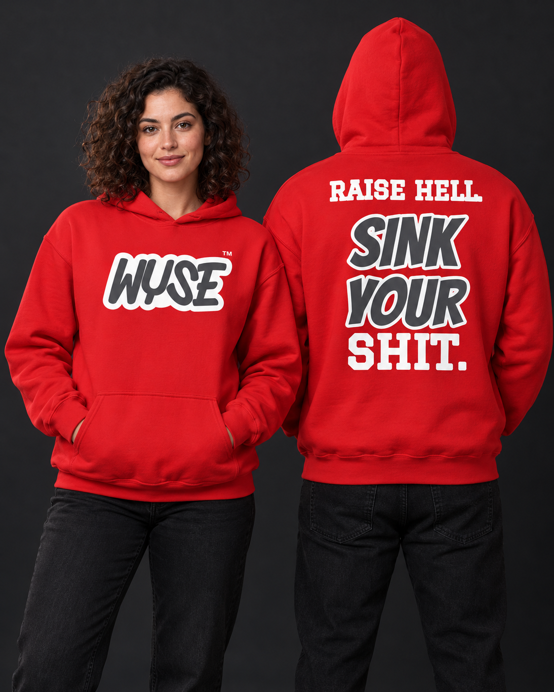 Tampa Bay Buccaneers fan hoodie in red, shown from the front and back with dark heather WYSE chest artwork.
