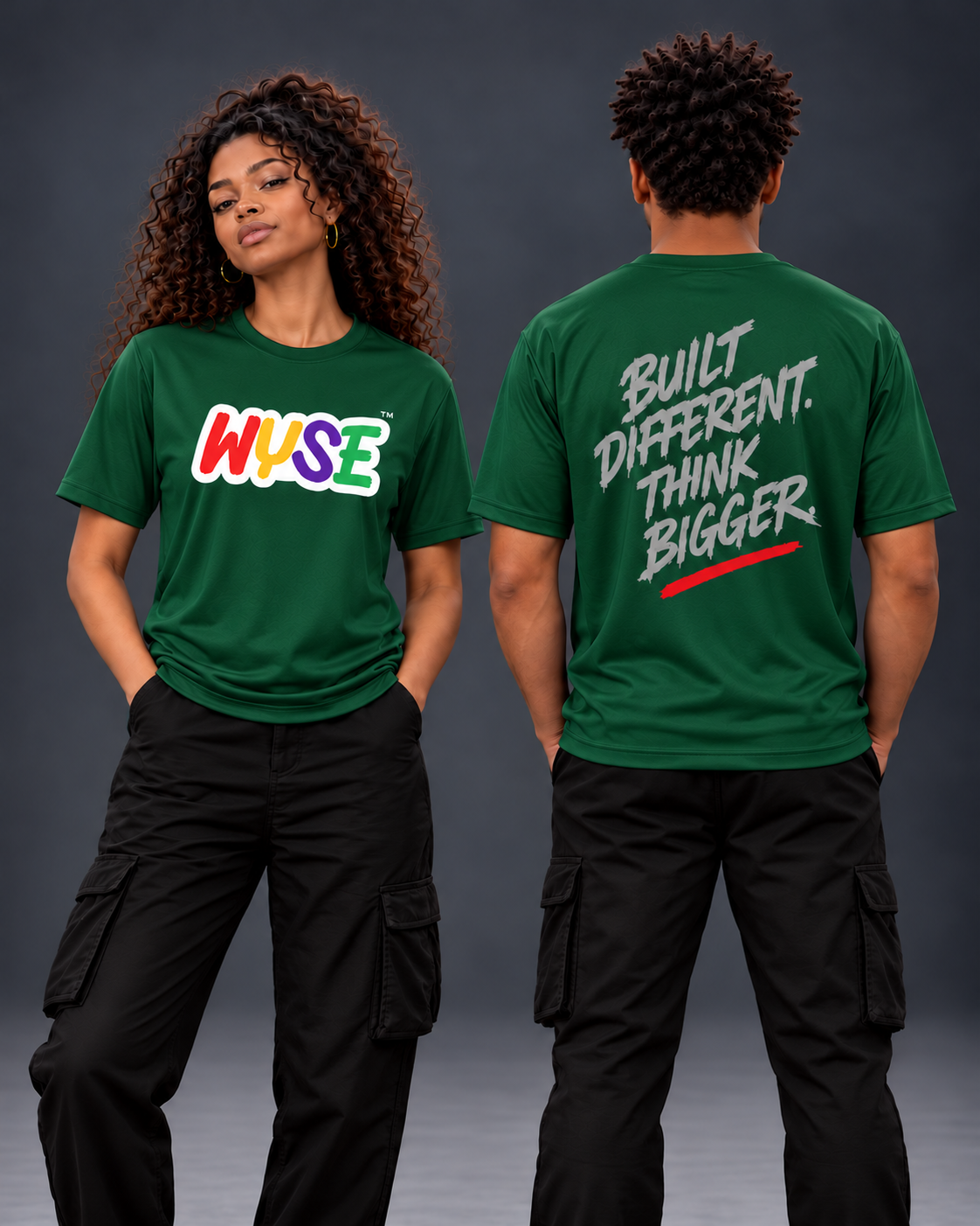 WYSE Built Different Performance Tee in Forest Green, front and back studio model views