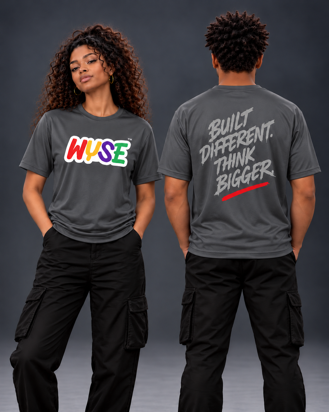 WYSE Built Different Performance Tee in Graphite, front and back studio model views