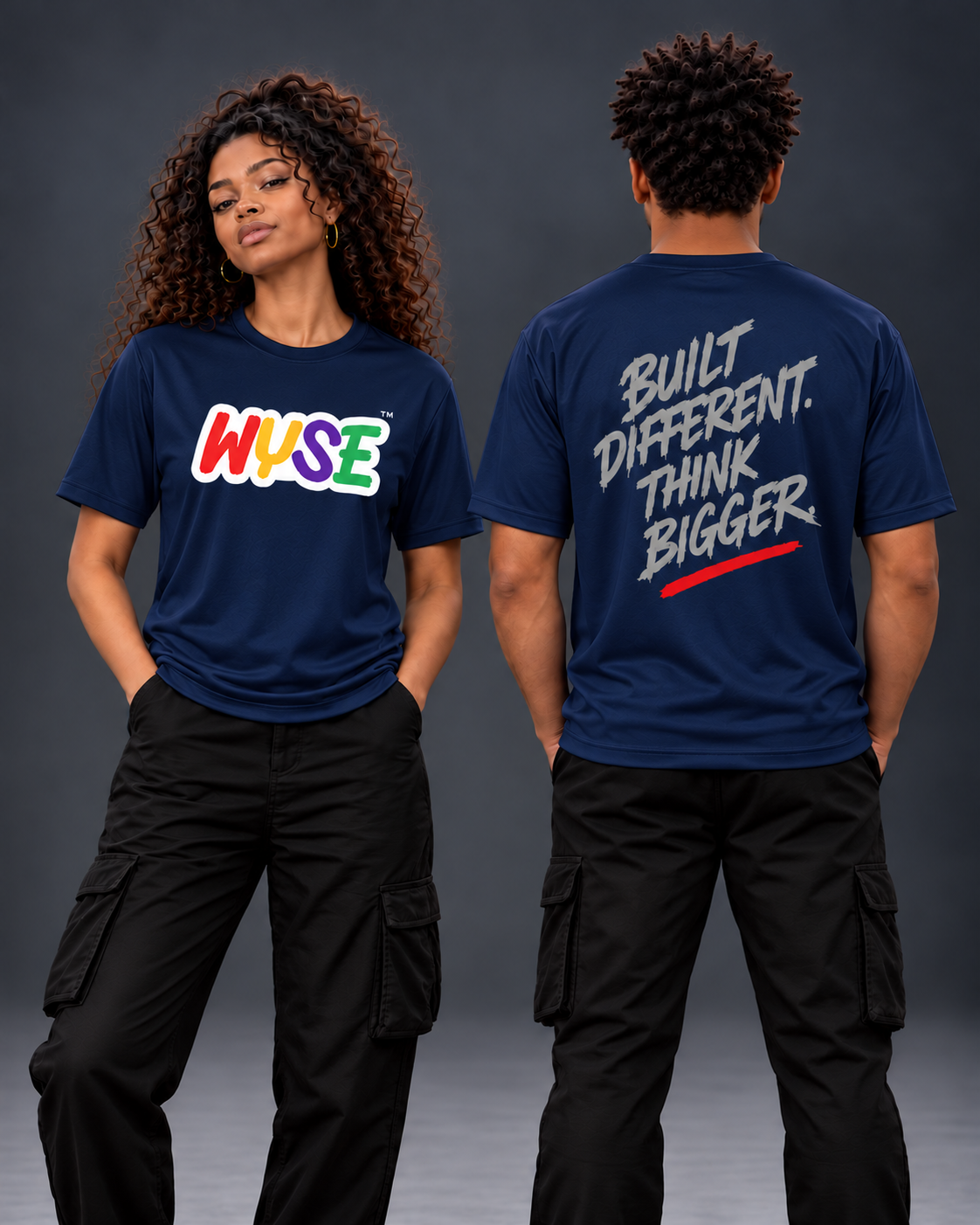 WYSE Built Different Performance Tee in Navy, front and back studio model views